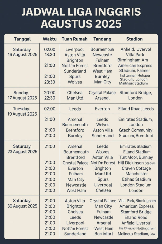 jadwal liga inggris agustus 2025 onebetasia